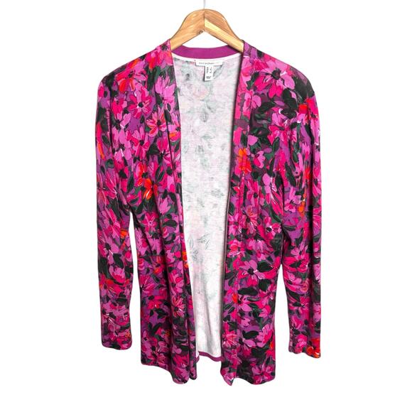 Isaac Mizrahi Women’s Pink Floral Open Front Cardigan Sweater Knit Size Large - Picture 1 of 11